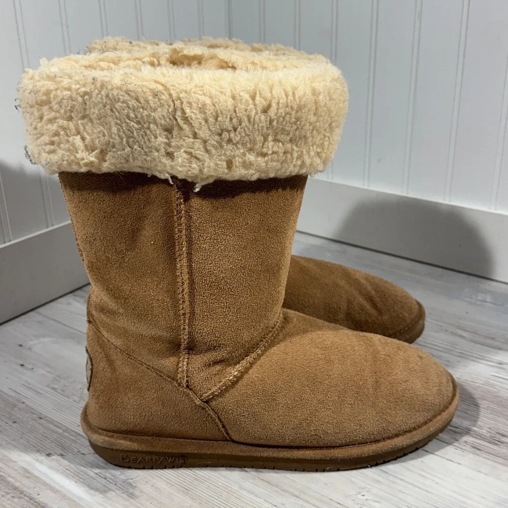 Bearpaw‎ Boots Women's Sz 9 Tan Suede Leather Sheepskin Wool Mid Calf 11